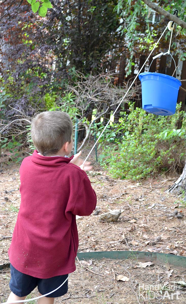 Bucket and Rope Pulley Contraption for the Backyard Play Space